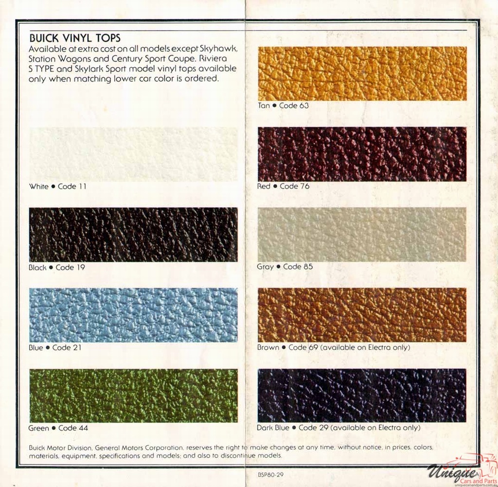 1980 Buick Exterior and Interior Color Chart Page 1